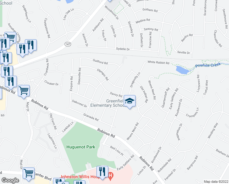 map of restaurants, bars, coffee shops, grocery stores, and more near 10818 Savoy Road in Richmond
