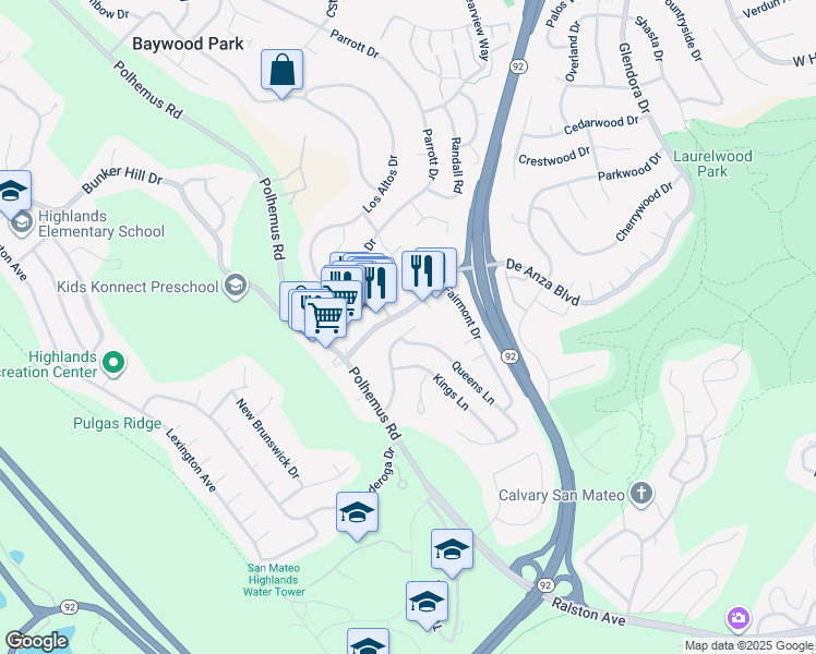 map of restaurants, bars, coffee shops, grocery stores, and more near 1976 Timberlane Way in San Mateo