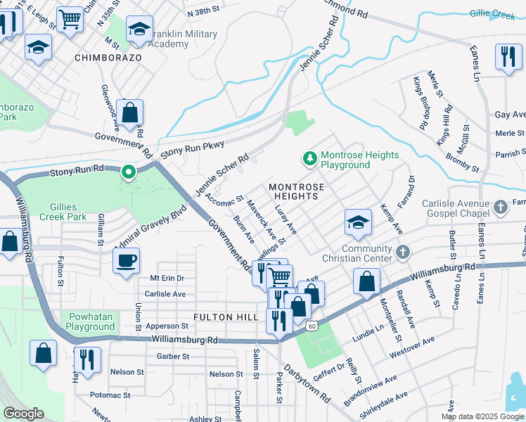 map of restaurants, bars, coffee shops, grocery stores, and more near 1803 Fenton Street in Richmond