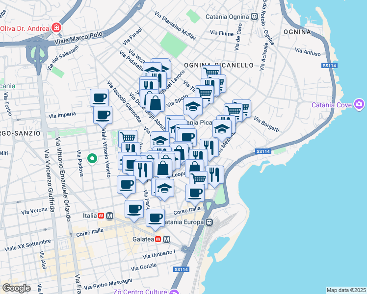 map of restaurants, bars, coffee shops, grocery stores, and more near 30 Via Duca degli Abruzzi in Catania