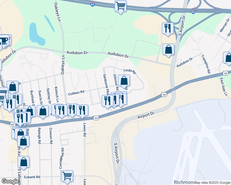 map of restaurants, bars, coffee shops, grocery stores, and more near 4905 Gilmour Street in Sandston