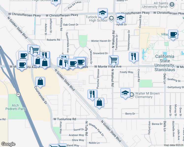 map of restaurants, bars, coffee shops, grocery stores, and more near 1892 Ethan Allen Court in Turlock