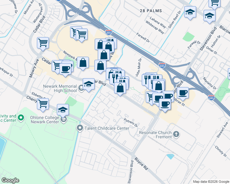 map of restaurants, bars, coffee shops, grocery stores, and more near 39748 Cedar Boulevard in Newark