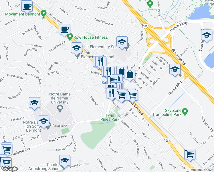 map of restaurants, bars, coffee shops, grocery stores, and more near 855 Laurel Avenue in Belmont