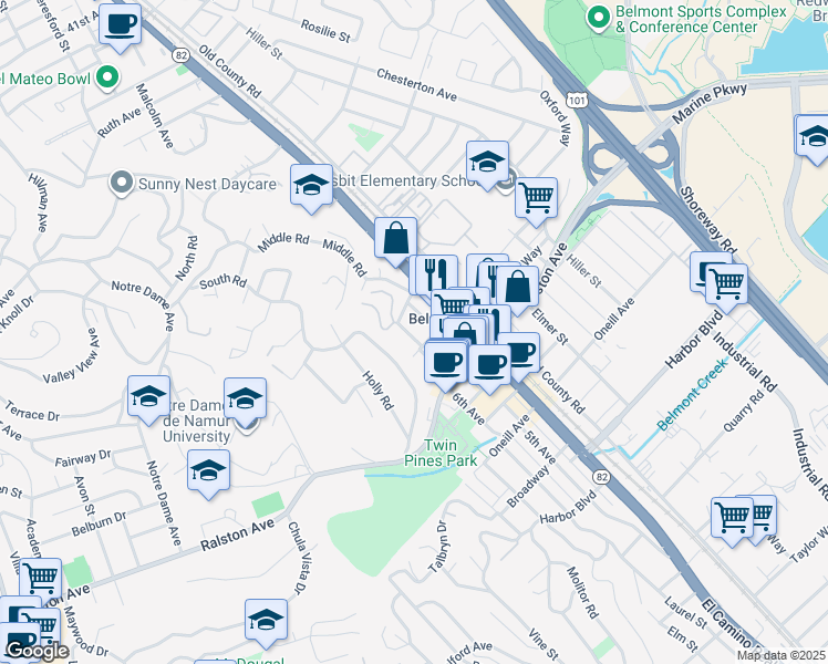 map of restaurants, bars, coffee shops, grocery stores, and more near 855 Laurel Avenue in Belmont