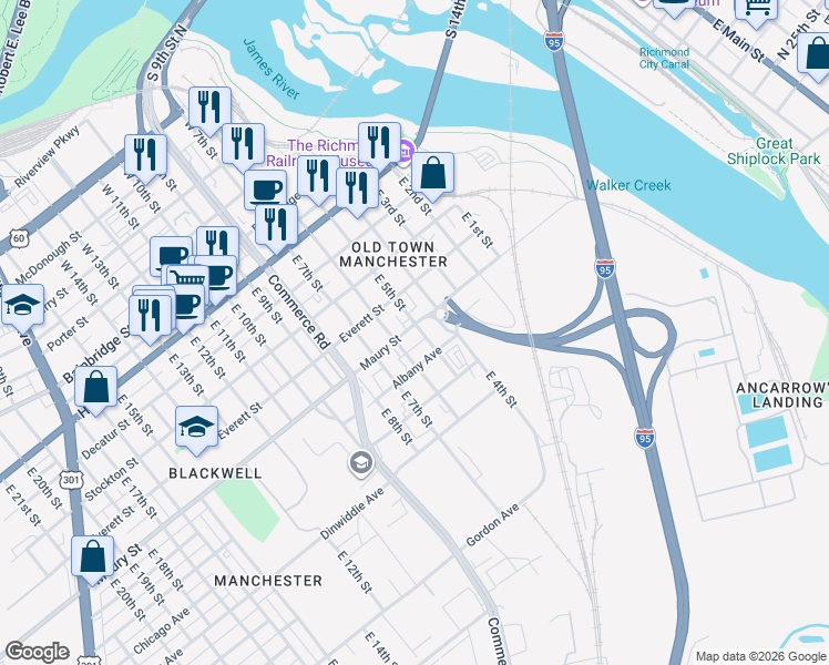 map of restaurants, bars, coffee shops, grocery stores, and more near 418 Maury St in Richmond