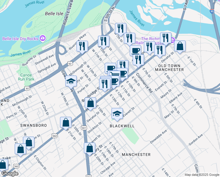 map of restaurants, bars, coffee shops, grocery stores, and more near 1227 Hull Street in Richmond
