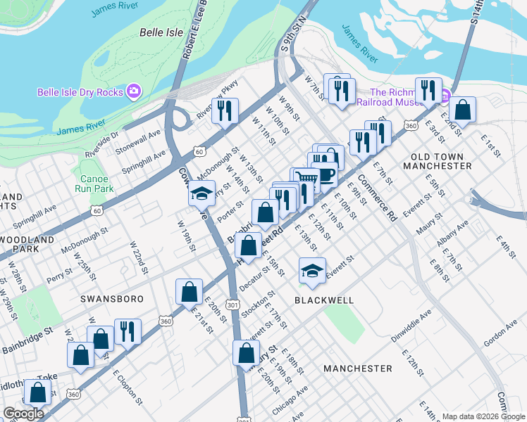 map of restaurants, bars, coffee shops, grocery stores, and more near 1323 Bainbridge Street in Richmond