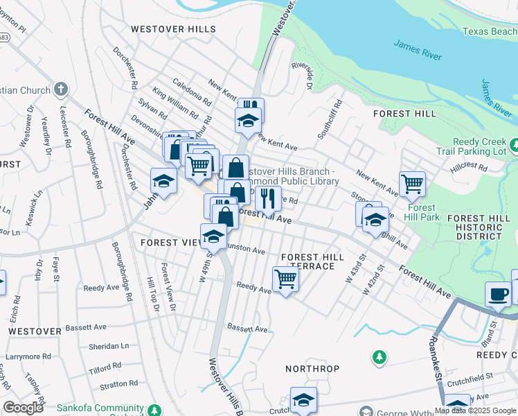 map of restaurants, bars, coffee shops, grocery stores, and more near 4715 Forest Hill Avenue in Richmond