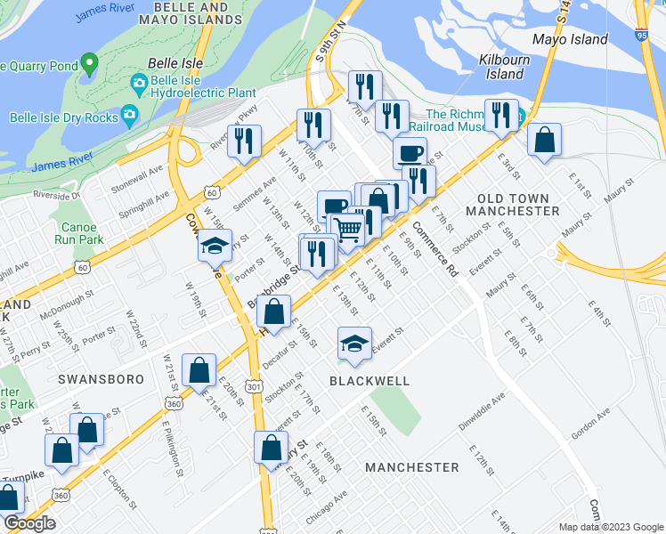 map of restaurants, bars, coffee shops, grocery stores, and more near 1213 Hull Street in Richmond