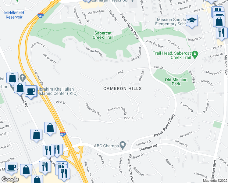 map of restaurants, bars, coffee shops, grocery stores, and more near 43654 Southerland Way in Fremont