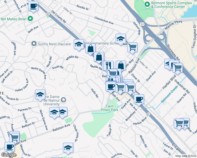 map of restaurants, bars, coffee shops, grocery stores, and more near 5 Antique Forest Lane in Belmont