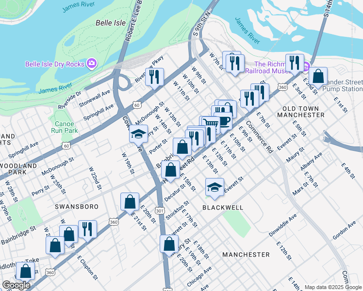 map of restaurants, bars, coffee shops, grocery stores, and more near 1323 Bainbridge Street in Richmond