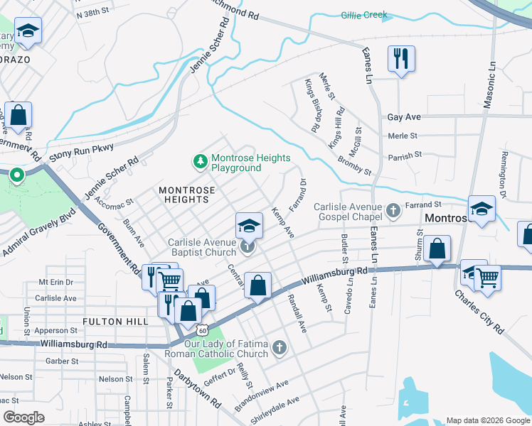map of restaurants, bars, coffee shops, grocery stores, and more near 2215 Bailey Drive in Richmond
