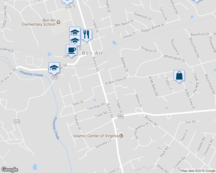 map of restaurants, bars, coffee shops, grocery stores, and more near 1645 Buford Road in Richmond