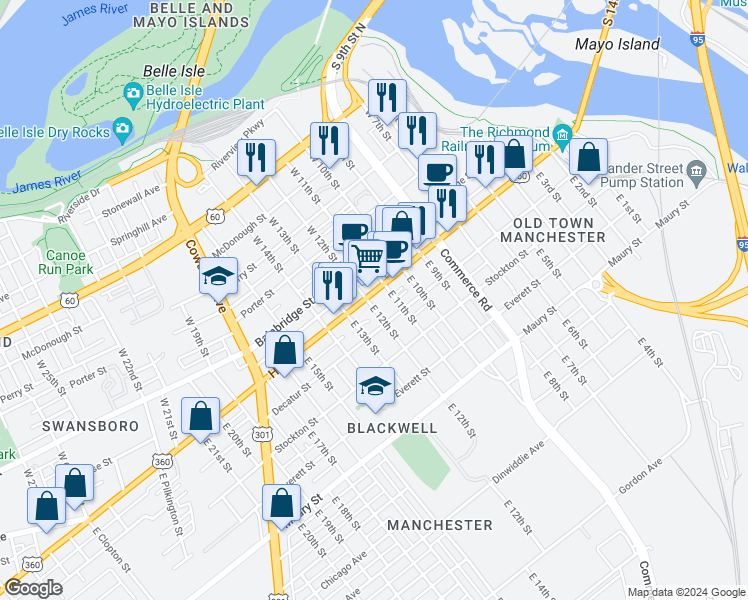 map of restaurants, bars, coffee shops, grocery stores, and more near 1124 Hull Street in Richmond