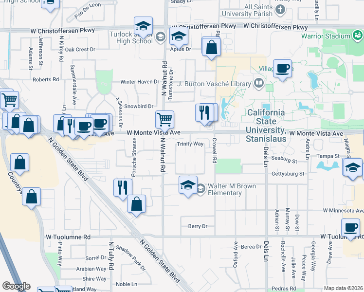 map of restaurants, bars, coffee shops, grocery stores, and more near 1540 Trinity Way in Turlock