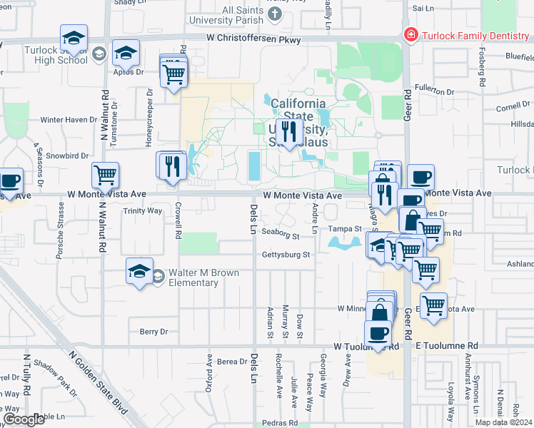 map of restaurants, bars, coffee shops, grocery stores, and more near 703 Clear Water Cove in Turlock