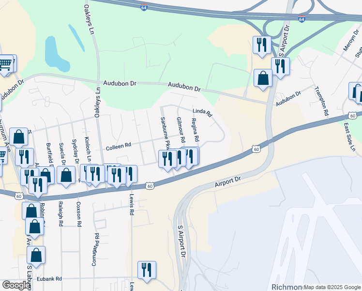 map of restaurants, bars, coffee shops, grocery stores, and more near 4905 Gilmour Street in Sandston