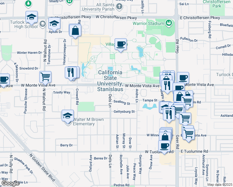 map of restaurants, bars, coffee shops, grocery stores, and more near 701 Clear Water Cove in Turlock