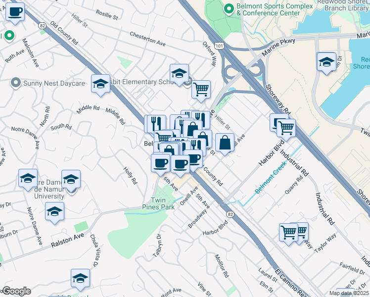map of restaurants, bars, coffee shops, grocery stores, and more near Ralston Avenue & Old County Road in Belmont