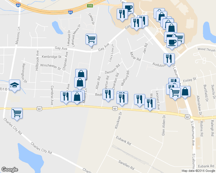 map of restaurants, bars, coffee shops, grocery stores, and more near 4905 Clayton Road in Richmond