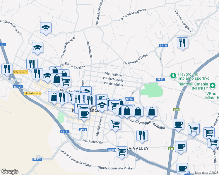 map of restaurants, bars, coffee shops, grocery stores, and more near 245 Via Marchese in Misterbianco