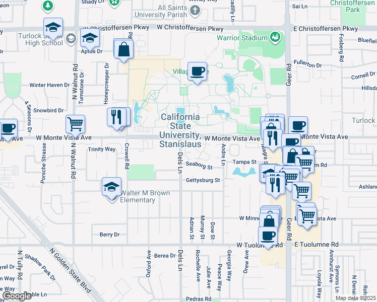 map of restaurants, bars, coffee shops, grocery stores, and more near 705 Clear Water Cove in Turlock