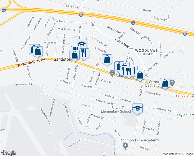map of restaurants, bars, coffee shops, grocery stores, and more near 9 Raines Avenue in Sandston