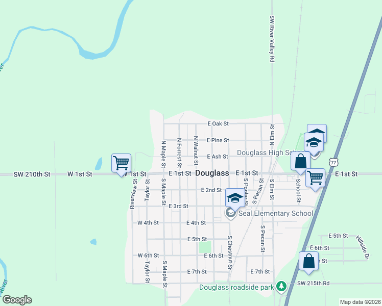 map of restaurants, bars, coffee shops, grocery stores, and more near 203 North Walnut Street in Douglass