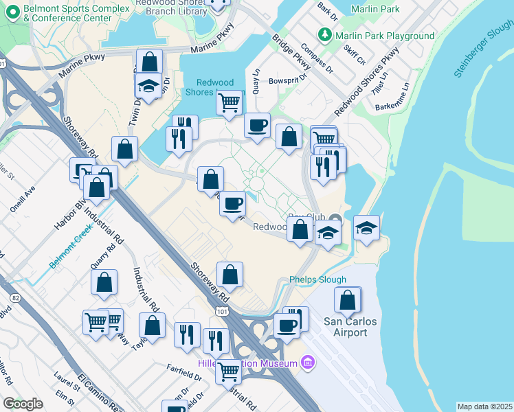 map of restaurants, bars, coffee shops, grocery stores, and more near in Redwood City