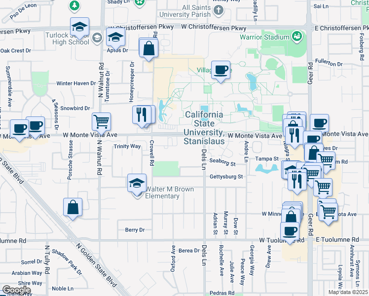 map of restaurants, bars, coffee shops, grocery stores, and more near 900 West Monte Vista Avenue in Turlock