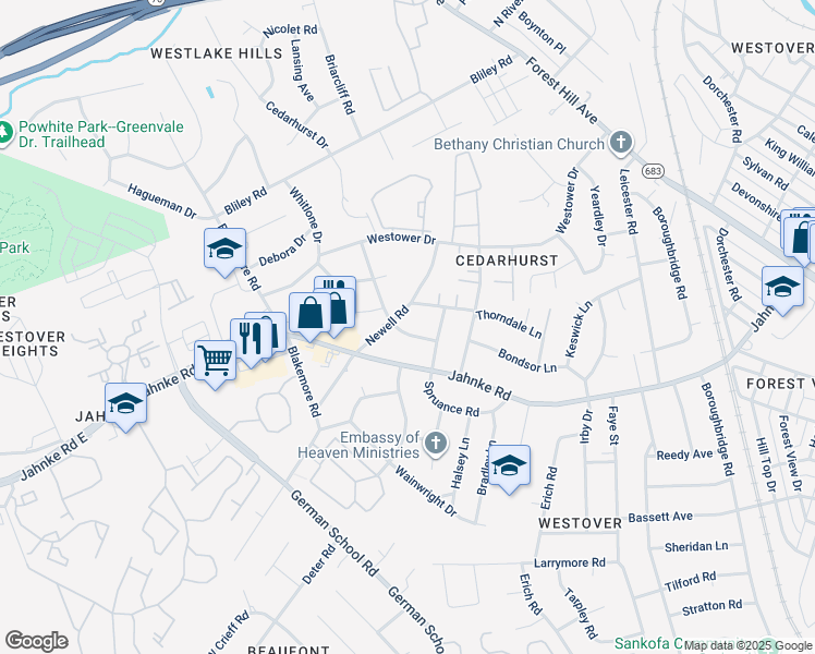 map of restaurants, bars, coffee shops, grocery stores, and more near 1225 Huntland Road in Richmond