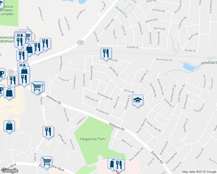 map of restaurants, bars, coffee shops, grocery stores, and more near 2041 Woodmont Drive in Richmond