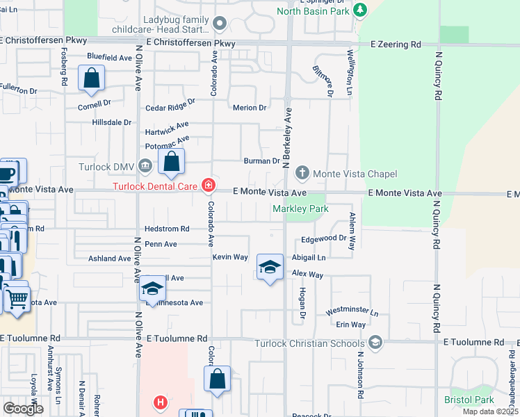map of restaurants, bars, coffee shops, grocery stores, and more near 3122 Kendra Court in Turlock