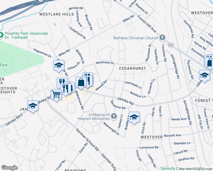 map of restaurants, bars, coffee shops, grocery stores, and more near 1225 Huntland Road in Richmond