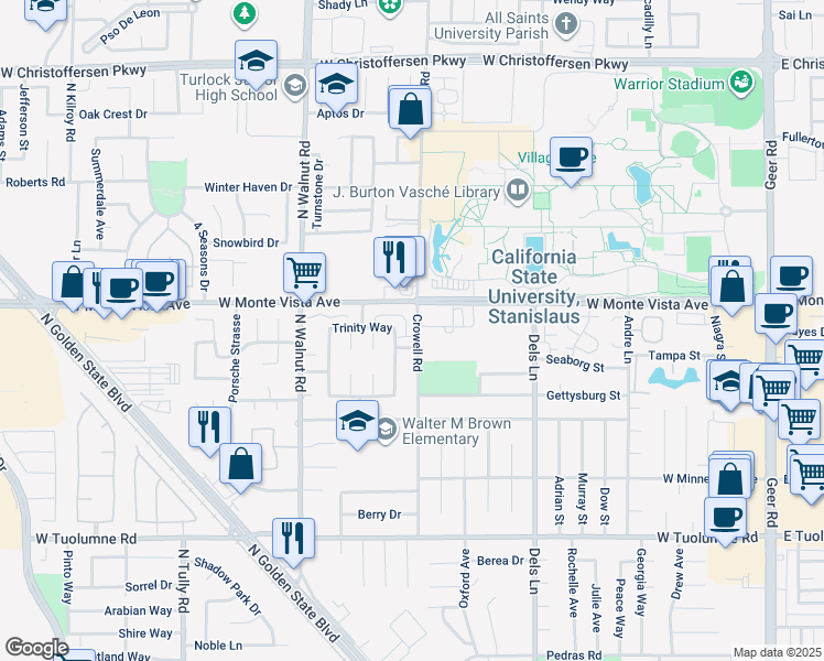 map of restaurants, bars, coffee shops, grocery stores, and more near 3064 Radford Way in Turlock
