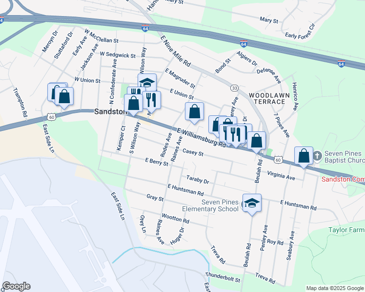 map of restaurants, bars, coffee shops, grocery stores, and more near 9 Raines Avenue in Sandston