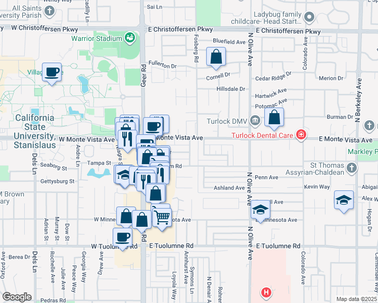 map of restaurants, bars, coffee shops, grocery stores, and more near 3108 James Lane in Turlock