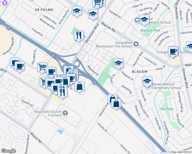 map of restaurants, bars, coffee shops, grocery stores, and more near 5317 Curtis Street in Fremont