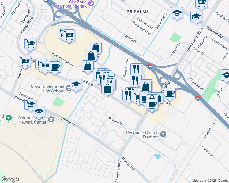 map of restaurants, bars, coffee shops, grocery stores, and more near 39802 Cedar Boulevard in Newark