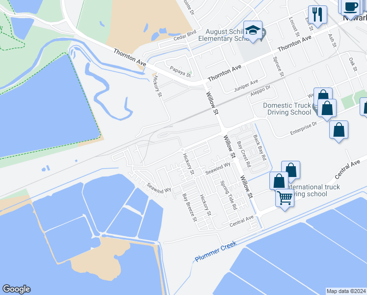 map of restaurants, bars, coffee shops, grocery stores, and more near 8891 Enterprise Drive in Newark