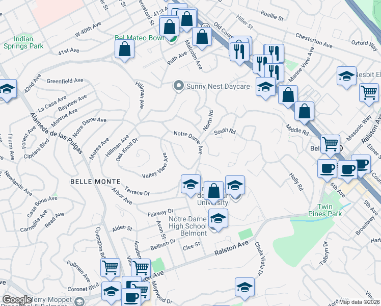 map of restaurants, bars, coffee shops, grocery stores, and more near 1502 Pine Knoll Drive in Belmont
