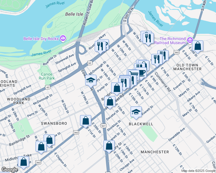map of restaurants, bars, coffee shops, grocery stores, and more near 1420 Porter Street in Richmond