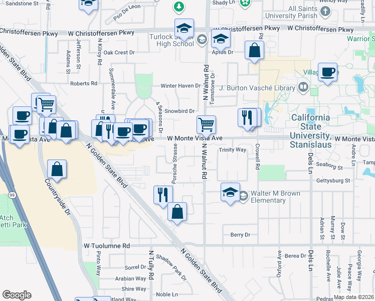 map of restaurants, bars, coffee shops, grocery stores, and more near 3132 Taft Court in Turlock