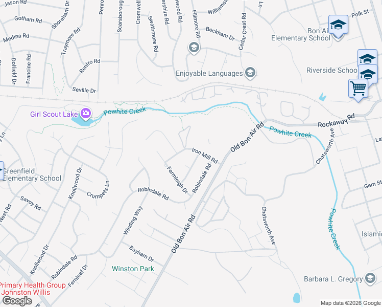 map of restaurants, bars, coffee shops, grocery stores, and more near 10109 Iron Mill Road in Richmond