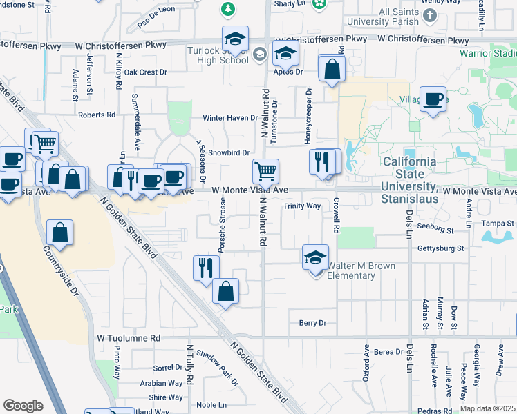 map of restaurants, bars, coffee shops, grocery stores, and more near 3135 North Walnut Road in Turlock