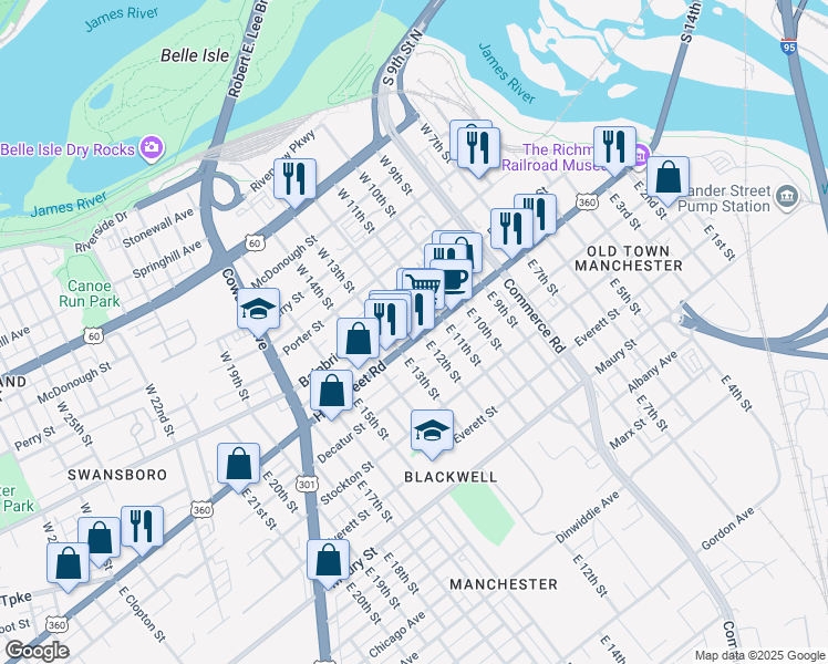 map of restaurants, bars, coffee shops, grocery stores, and more near 1227 Hull Street in Richmond