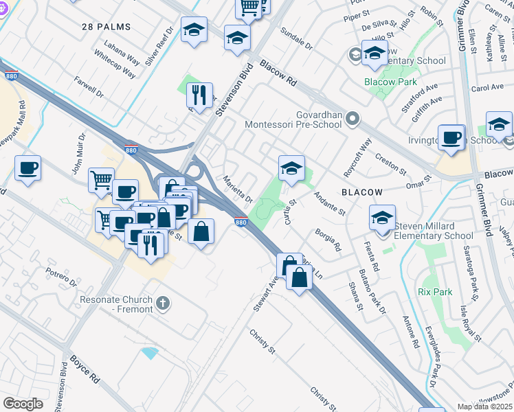 map of restaurants, bars, coffee shops, grocery stores, and more near 5317 Curtis Street in Fremont