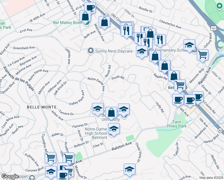 map of restaurants, bars, coffee shops, grocery stores, and more near 16 Willow Lane Private in Belmont